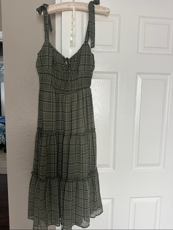 Francesca's Collections Dresses & Skirts - Olive Green Plaid Tie-Shoulder Smocked Midi Dress
